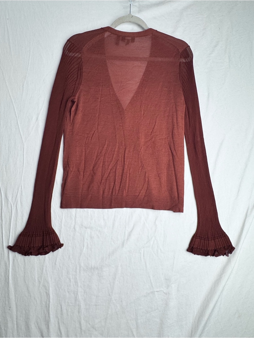 Theory Wool Blend Sheer Sleeve Ruffle Cuff Cardigan Size M Rust Red - Picture 7 of 8